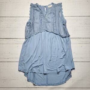 Pol Blue Lace High Low Tank Top Button Front Boho V Neck Lightweight Small